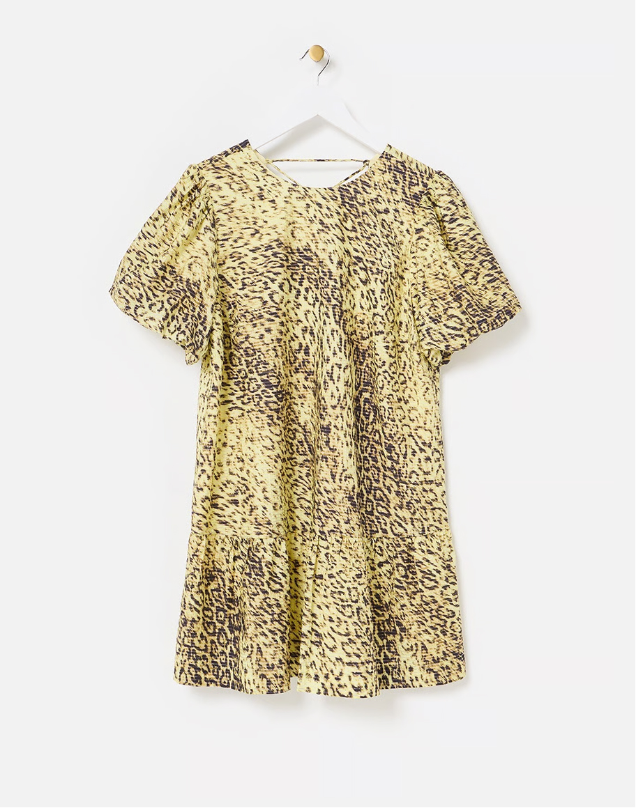 Yellow Animal Print Textured Puff Sleeve Mini Dress